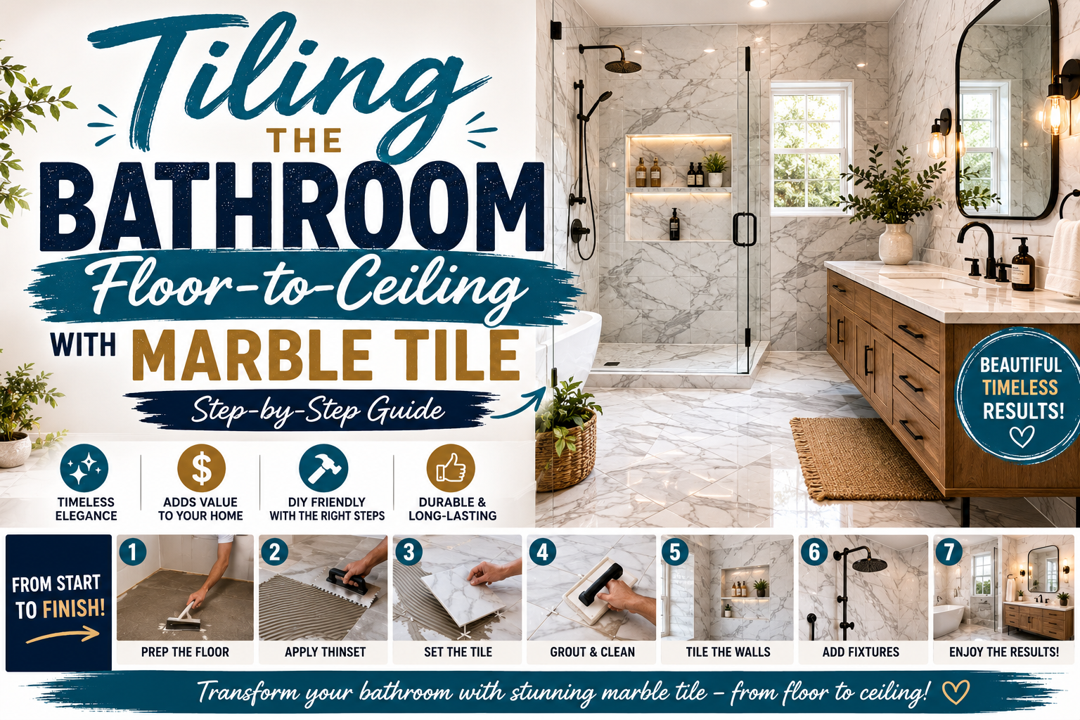Luxury bathroom featuring floor-to-ceiling marble tile installation during a DIY bathroom renovation project.