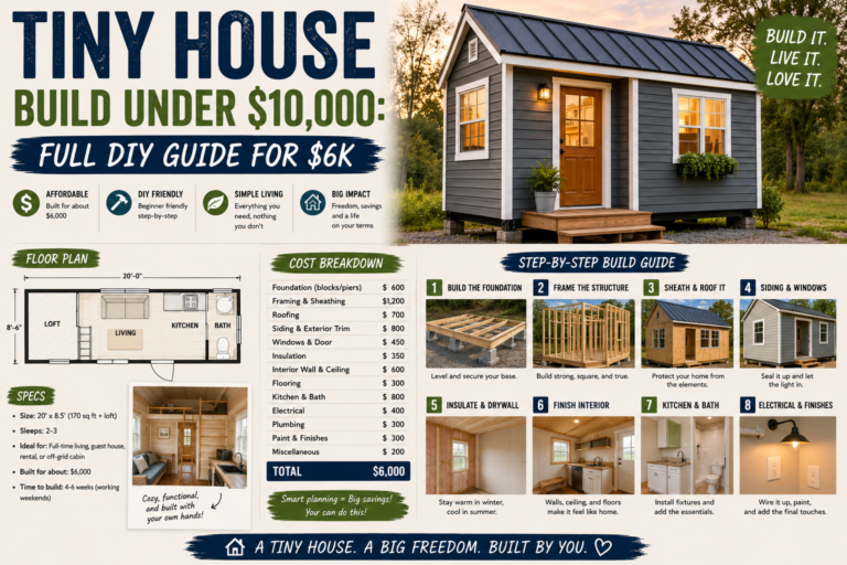 A compact DIY tiny house build under $10000 featuring a wood-framed structure in progress on a rural property.