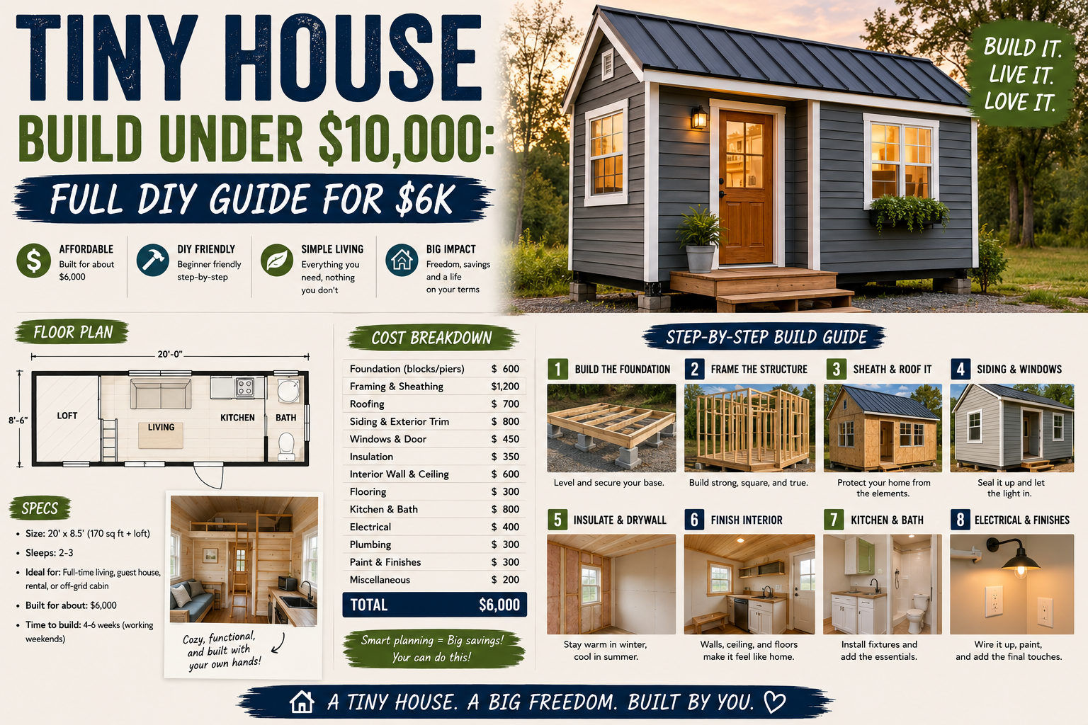 A compact DIY tiny house build under $10000 featuring a wood-framed structure in progress on a rural property.