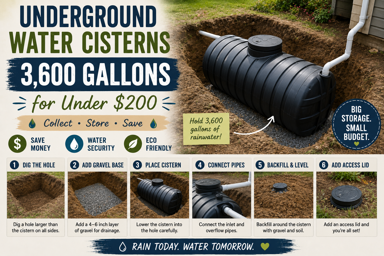 DIY underground water cistern installation for rainwater collection and off-grid water storage using a large buried tank.