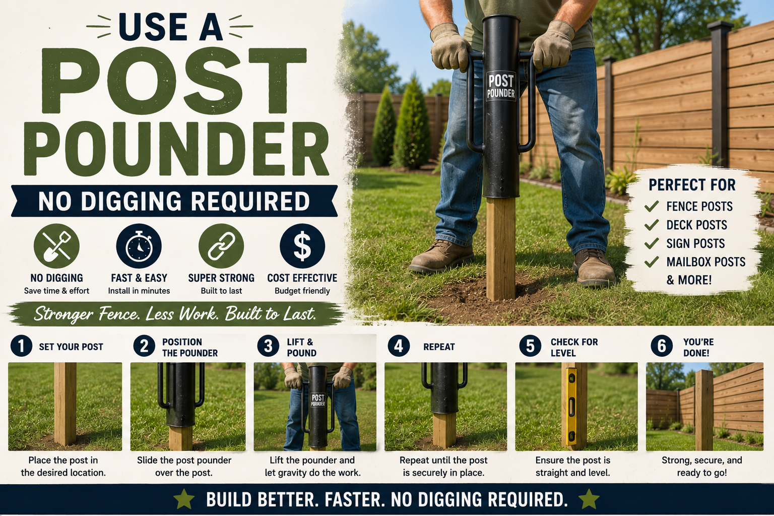Using a post pounder to install fence posts without digging holes or pouring concrete during a DIY fence project.