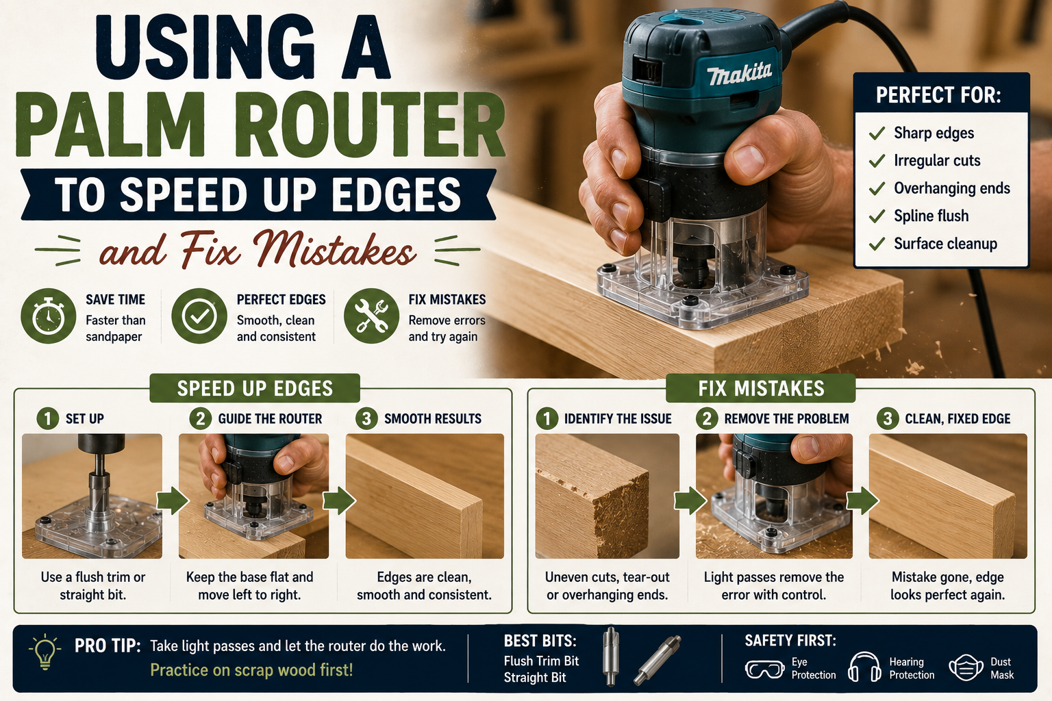 Woodworker using a palm router to smooth board edges and fix woodworking mistakes during a DIY woodworking project.