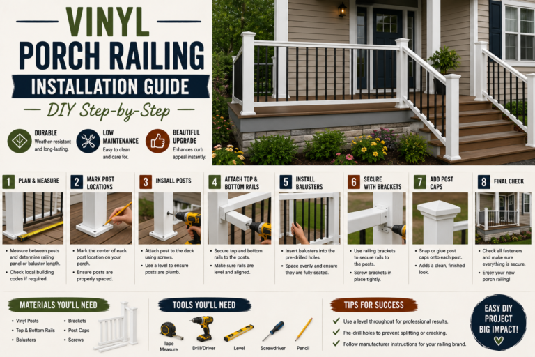 A homeowner completing a vinyl porch railing installation on a white suburban home with step-by-step tools laid out nearby.