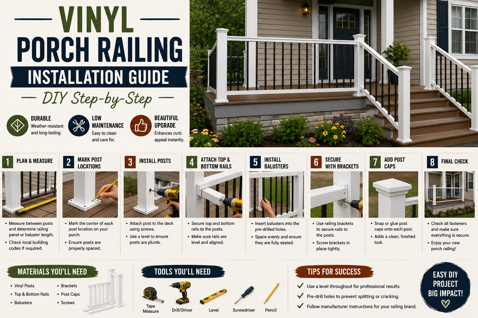 A homeowner completing a vinyl porch railing installation on a white suburban home with step-by-step tools laid out nearby.