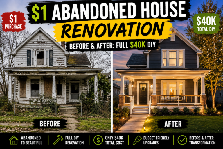 A stunning abandoned house renovation before and after showing a crumbling neglected exterior transformed into a beautiful restored home.