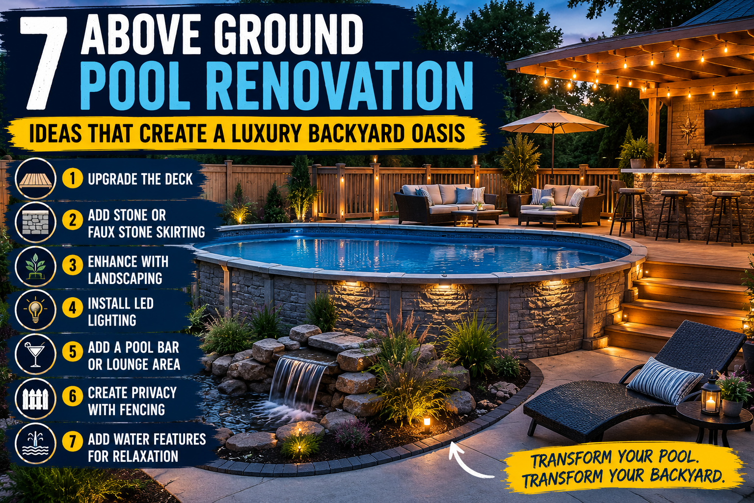 A beautifully renovated above ground pool with a wooden deck surround, string lights, and lush landscaping creating a luxury backyard oasis.