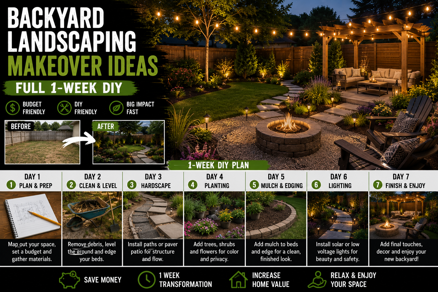 A stunning backyard landscaping makeover featuring a stone pathway, raised garden beds, and lush greenery created through a week-long DIY project.