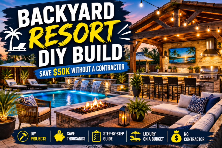 A stunning backyard resort DIY build featuring a swimming pool, pergola, and lush landscaping created without a contractor.