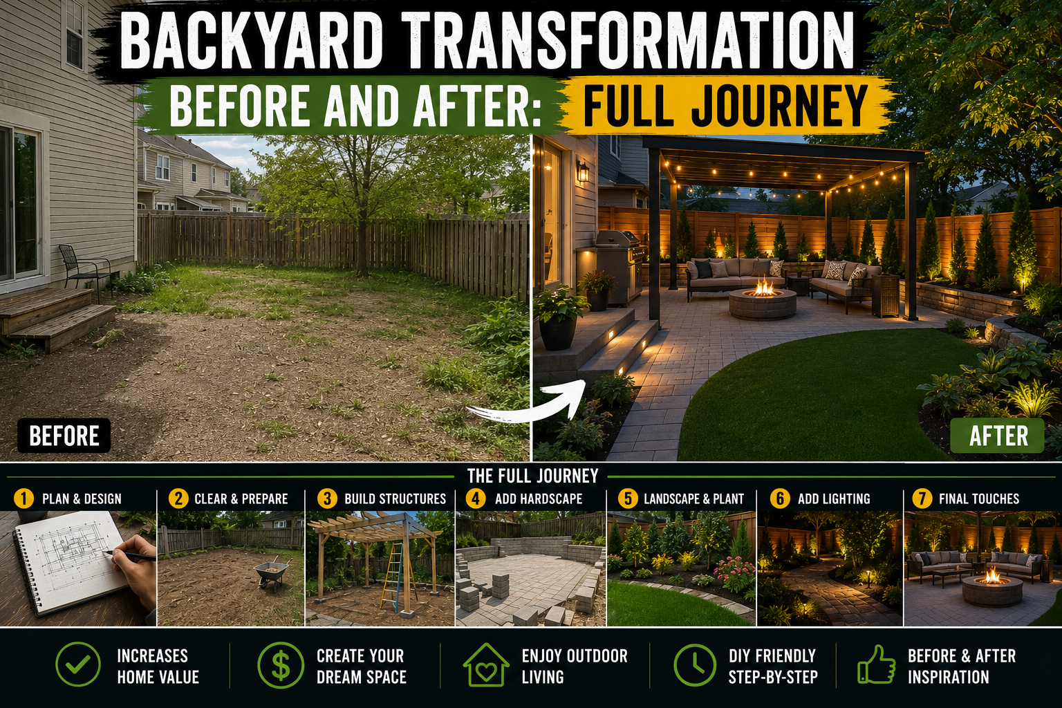 A stunning backyard transformation before and after showing a neglected yard converted into a beautiful outdoor living space with a patio, lush landscaping, and string lights.