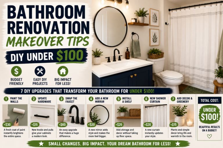 A freshly updated bathroom featuring affordable DIY bathroom renovation makeover tips including new fixtures, painted walls, and modern accessories achieved for under $100.
