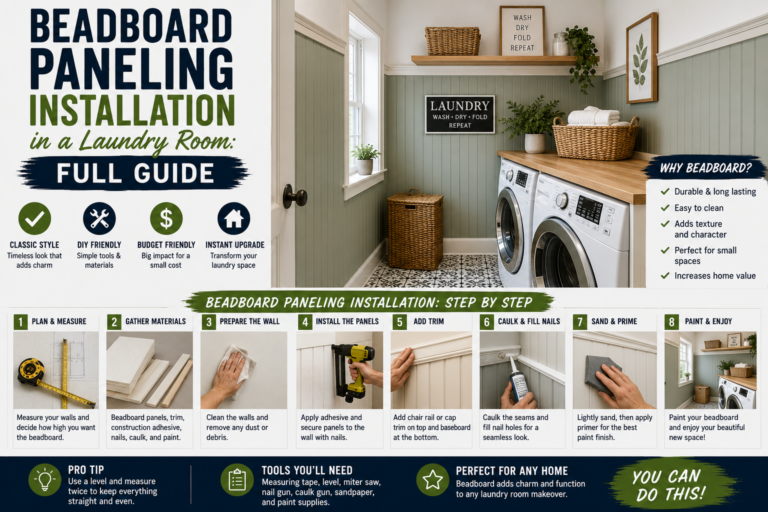 Freshly completed beadboard paneling installation in a bright laundry room with white wainscoting along the lower walls.