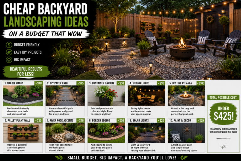 A beautifully transformed backyard featuring cheap backyard landscaping ideas on a budget including raised garden beds, gravel paths, and lush native plants.