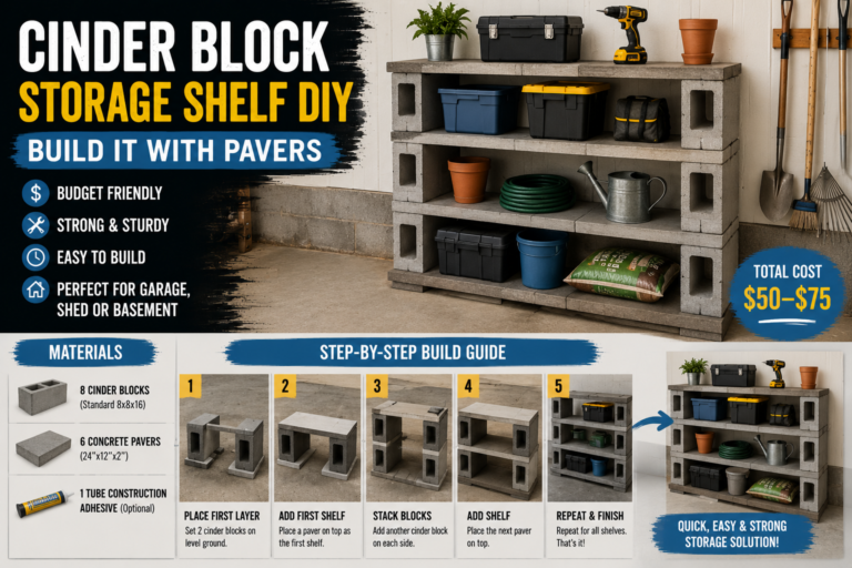 A sturdy cinder block storage shelf DIY build using stacked concrete blocks and wooden boards in a garage workshop setting.