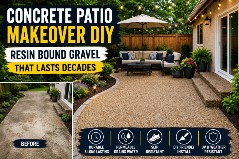 A freshly completed concrete patio makeover DIY project featuring smooth resin bound gravel in warm amber tones, surrounded by potted plants and outdoor furniture.