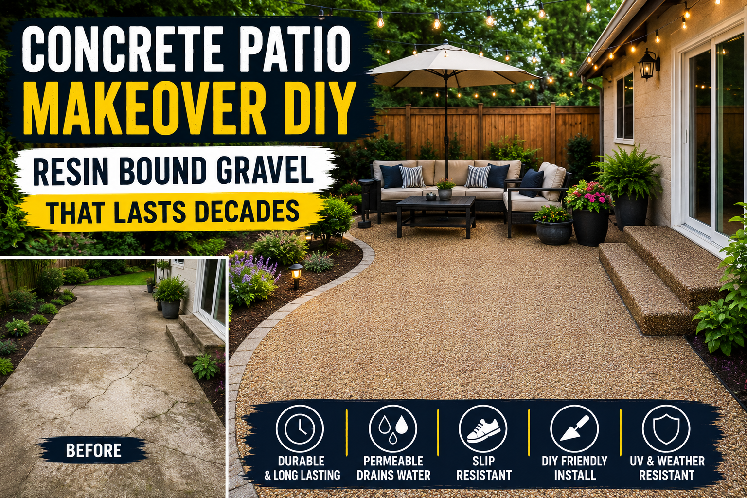 A freshly completed concrete patio makeover DIY project featuring smooth resin bound gravel in warm amber tones, surrounded by potted plants and outdoor furniture.