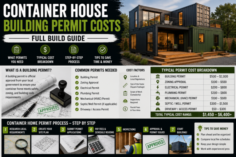 A stack of building permit documents and blueprints on a desk representing container house building permit costs.