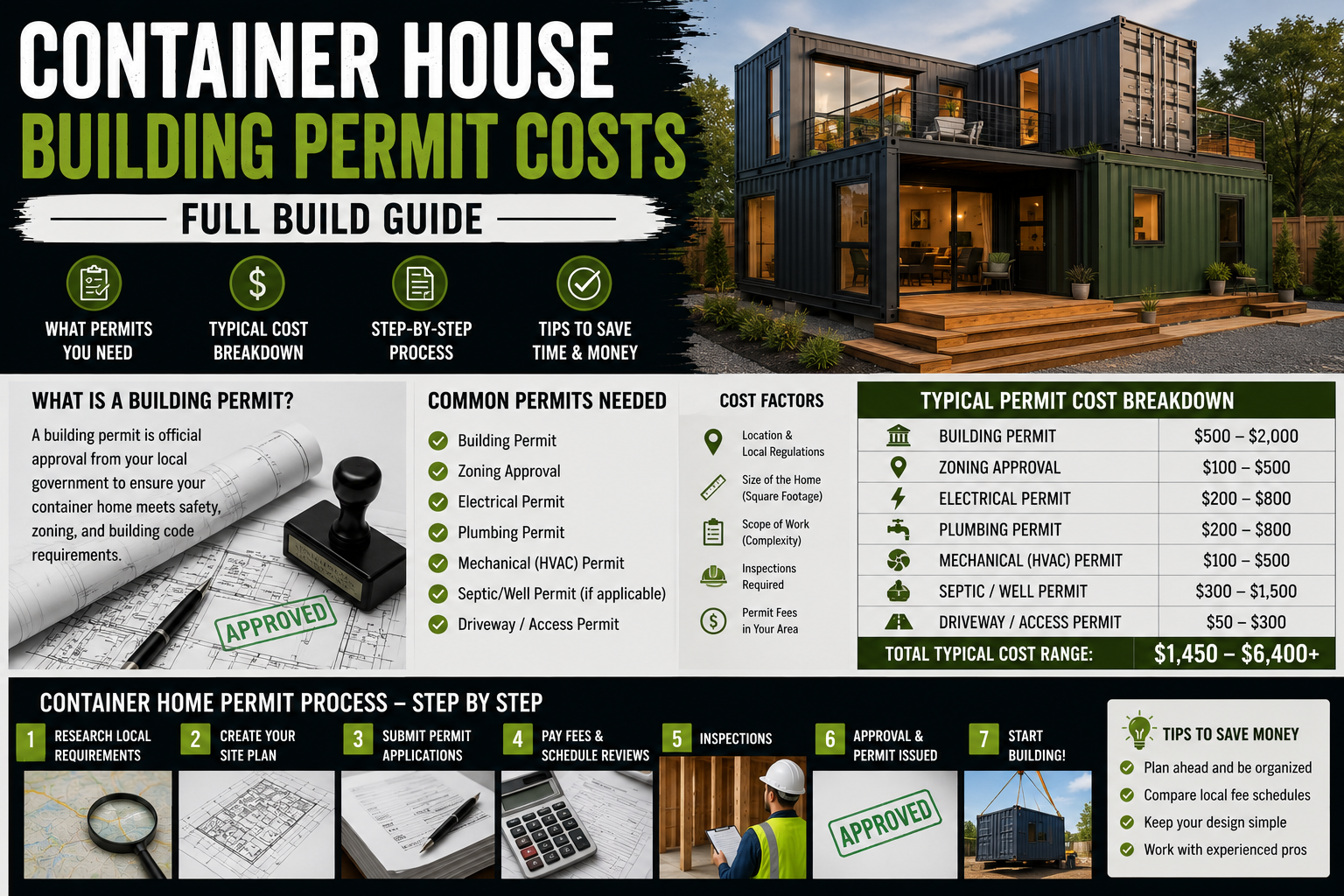 A stack of building permit documents and blueprints on a desk representing container house building permit costs.