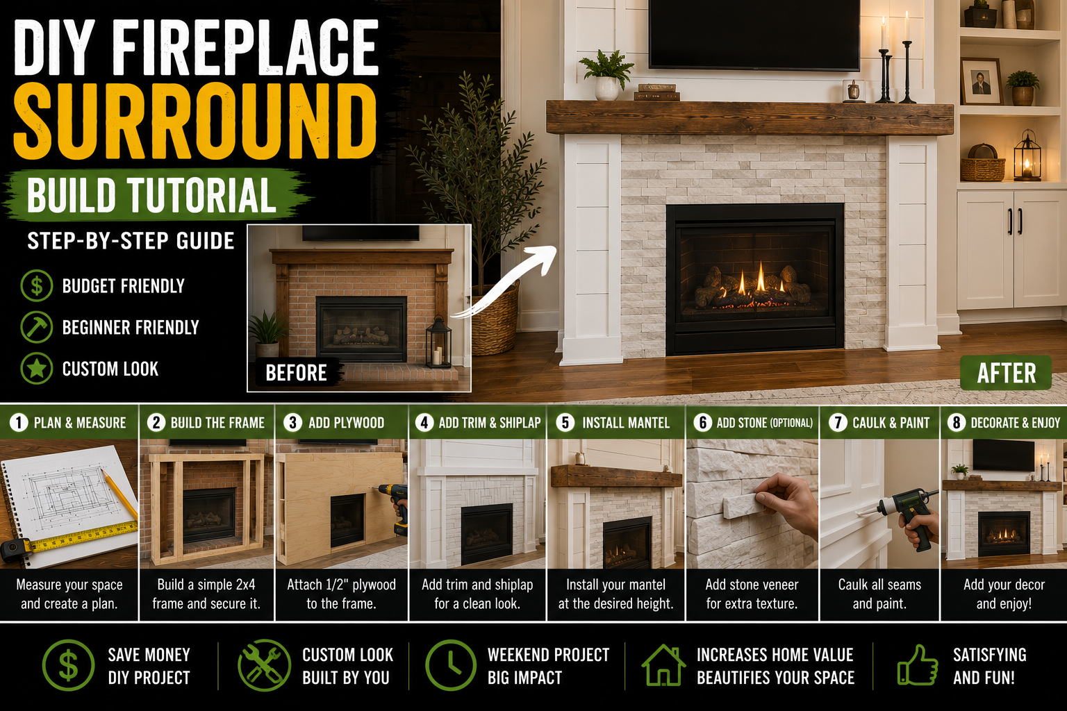 A beautifully completed DIY fireplace surround build tutorial project featuring a white painted wood mantel with decorative trim in a cozy living room.