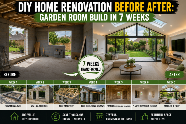 A stunning DIY home renovation before after showing a backyard transformed from an empty lawn into a finished garden room with large windows and timber cladding.