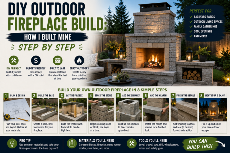 A completed DIY outdoor fireplace build made from stacked stone, glowing with a warm fire in a backyard patio setting at dusk.