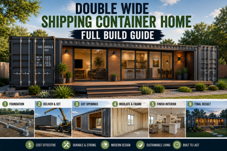 A completed double wide shipping container home with modern exterior finishes, large windows, and a wraparound deck surrounded by landscaping.