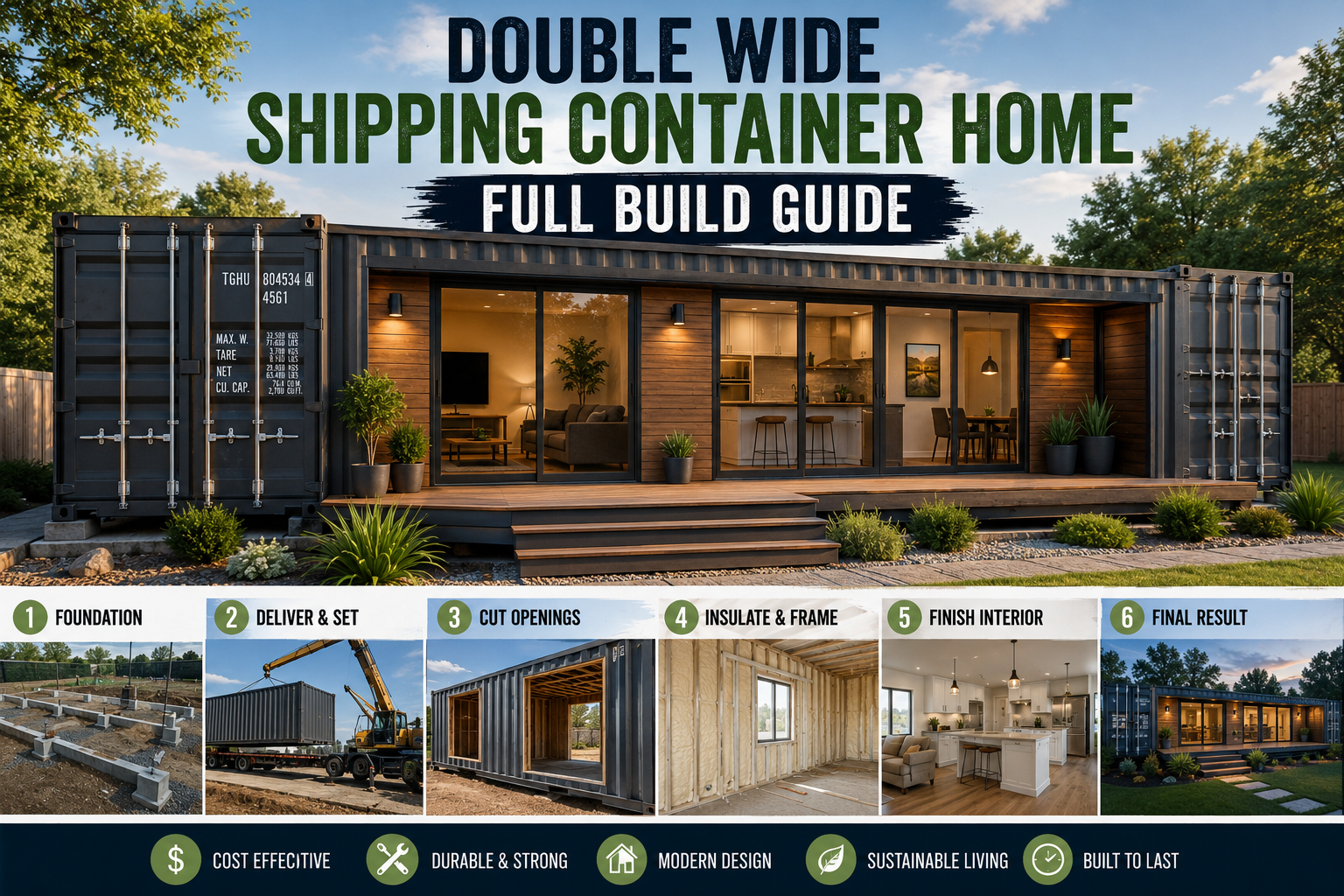 A completed double wide shipping container home with modern exterior finishes, large windows, and a wraparound deck surrounded by landscaping.