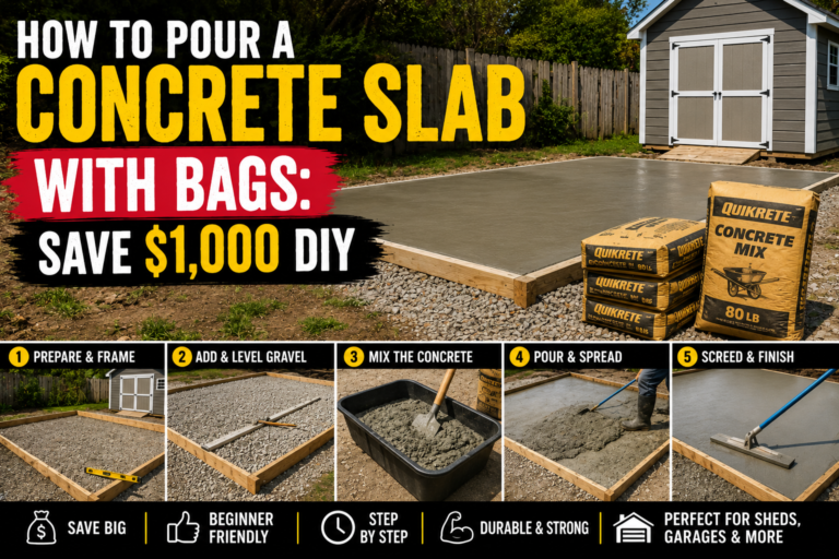A homeowner using the dry pour concrete slab bags method to fill a wooden form on a level gravel base in a backyard.