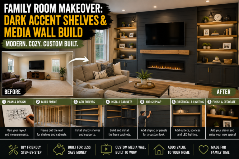 A stunning family room makeover featuring dark accent shelves and a built-in media wall with styled decor and warm lighting.