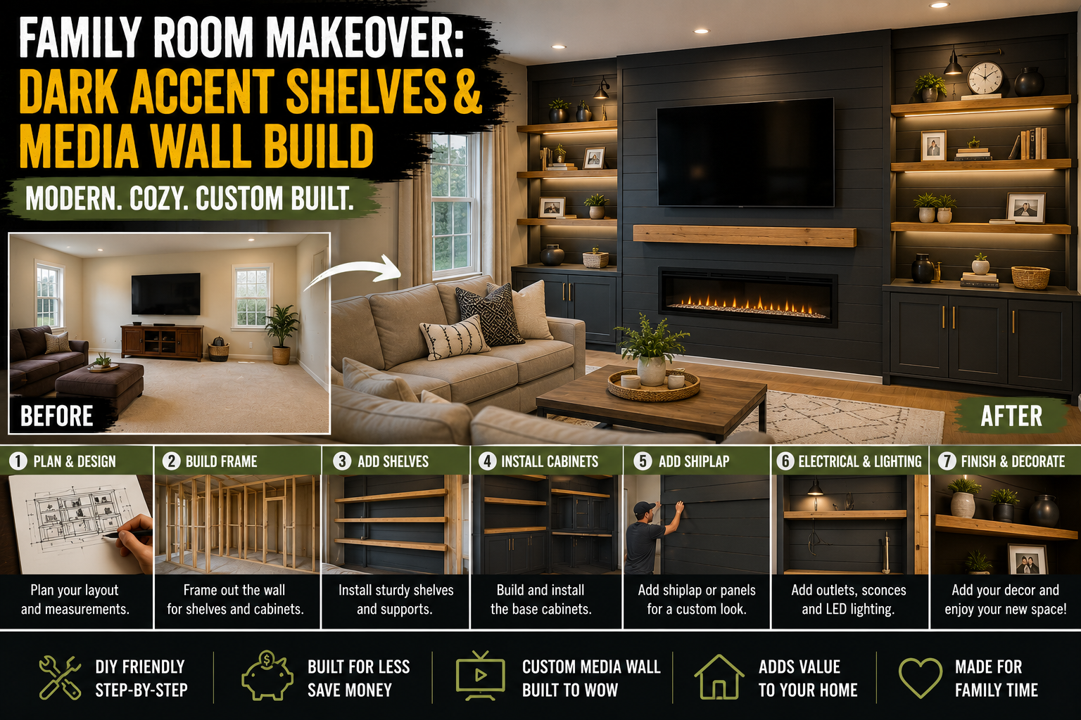 A stunning family room makeover featuring dark accent shelves and a built-in media wall with styled decor and warm lighting.