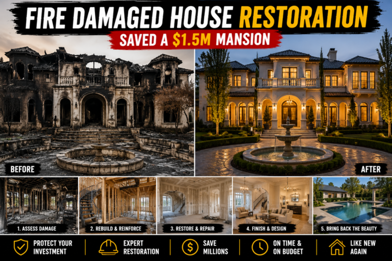 A before-and-after view of a fire damaged house restoration project showing a charred Victorian mansion transformed back into a stunning $1.5M home.