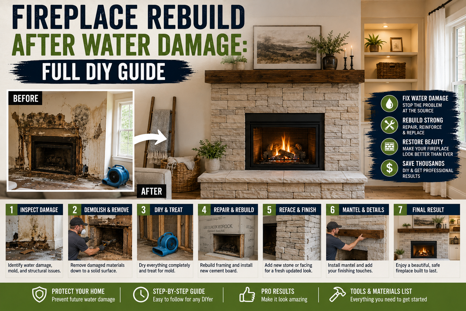 A homeowner inspecting crumbling mortar and water-stained brick during a fireplace rebuild after water damage.