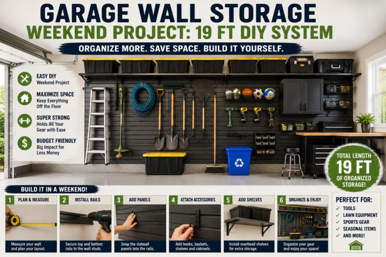 A completed 19-foot garage wall storage weekend project featuring custom shelving, pegboards, and organized tool storage along a clean workshop wall.