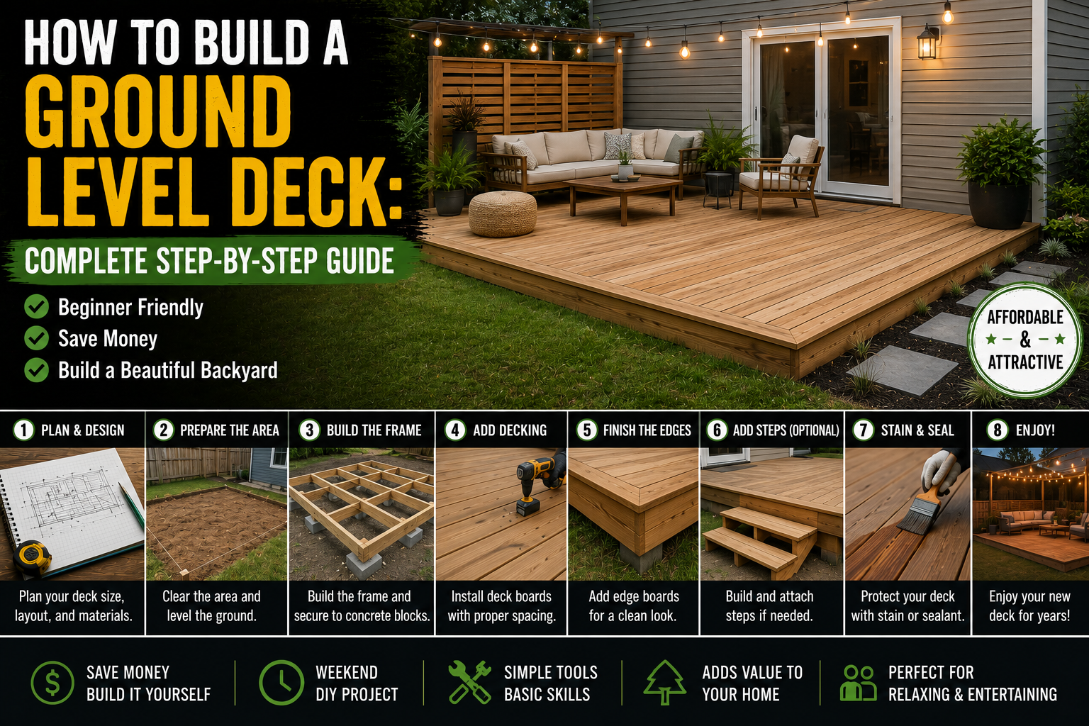 A completed ground level deck built from pressure-treated lumber, showing the finished platform surrounded by a backyard garden.
