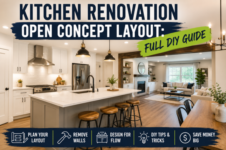 A bright, modern kitchen renovation featuring an open concept layout with a large island, seamless flow into the living area, and natural light throughout.