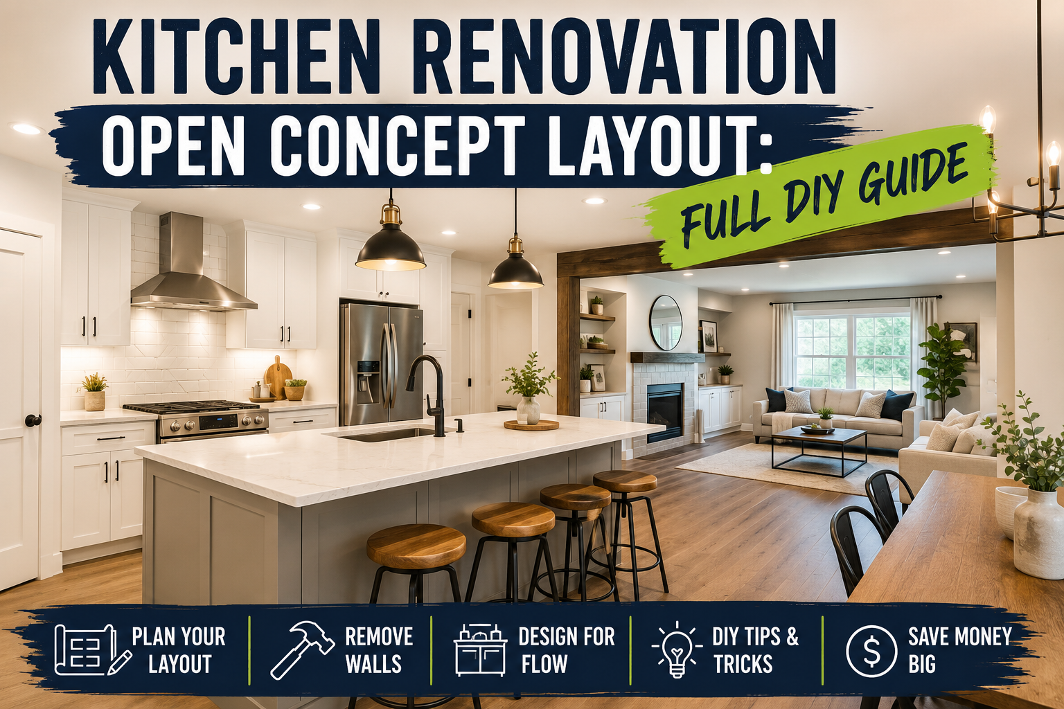 A bright, modern kitchen renovation featuring an open concept layout with a large island, seamless flow into the living area, and natural light throughout.