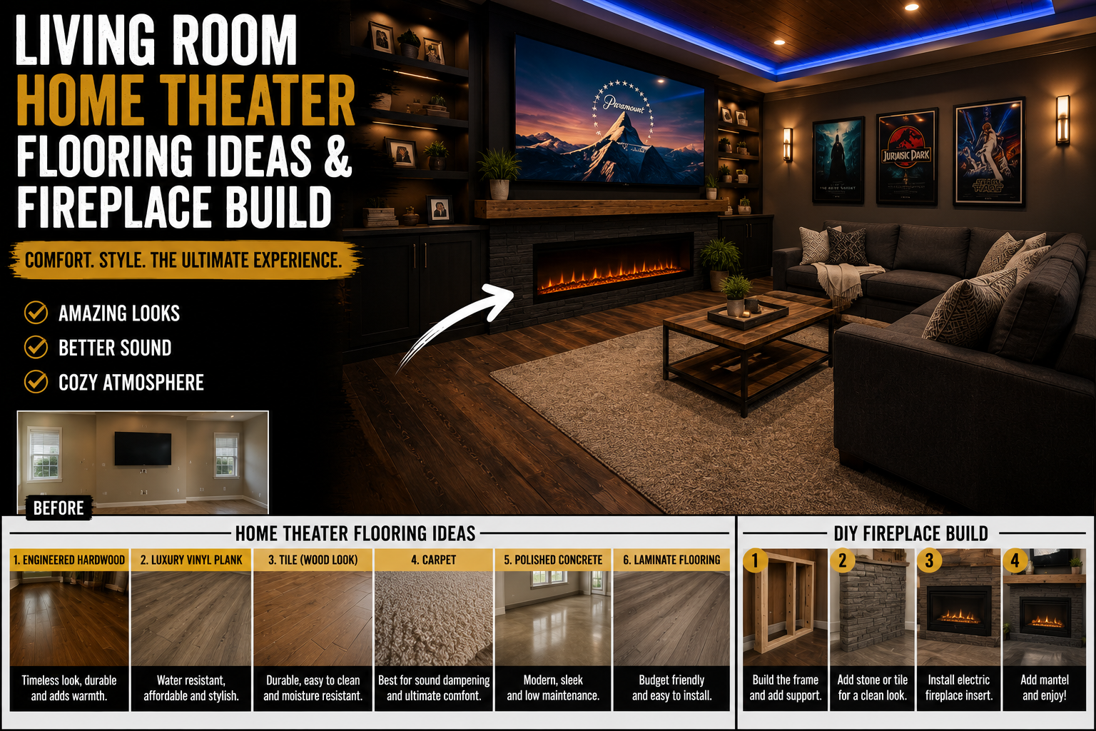 A cozy living room home theater flooring ideas setup featuring dark hardwood floors, a built-in fireplace, and tiered seating with a large projection screen.