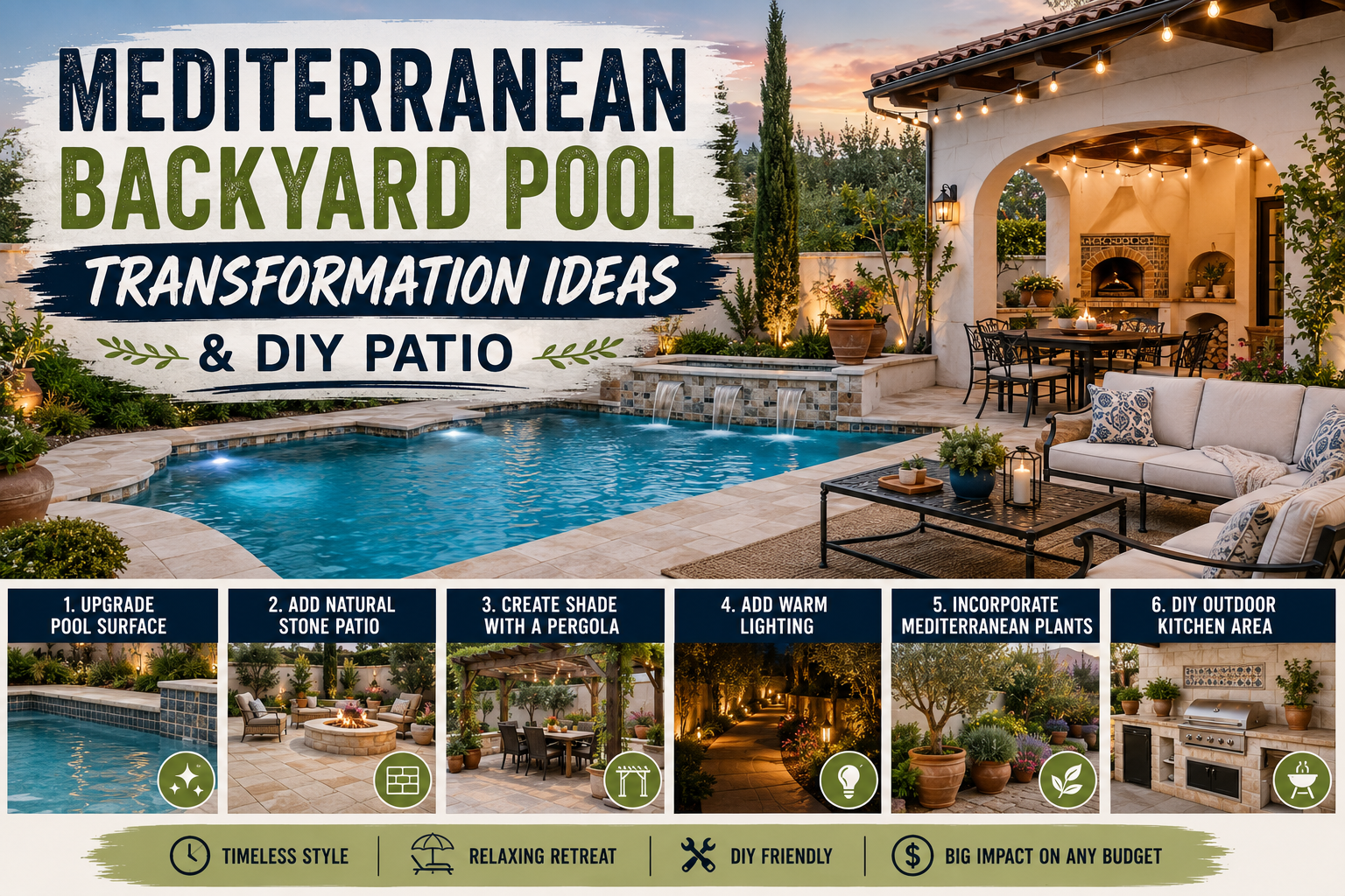 A stunning Mediterranean backyard pool transformation featuring terracotta tiles, lush greenery, and a rustic stone patio perfect for outdoor entertaining.