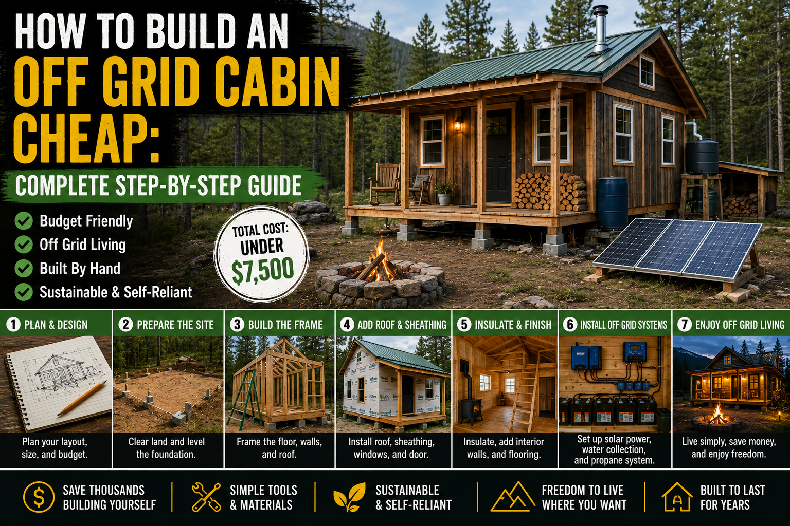 A simple off grid cabin build cheap nestled among tall trees, constructed with raw timber and a metal roof on a wooded homestead.