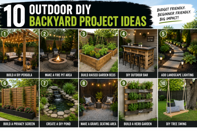 A beautifully transformed backyard featuring several outdoor DIY backyard project ideas including a wooden deck, raised garden beds, and string lights.