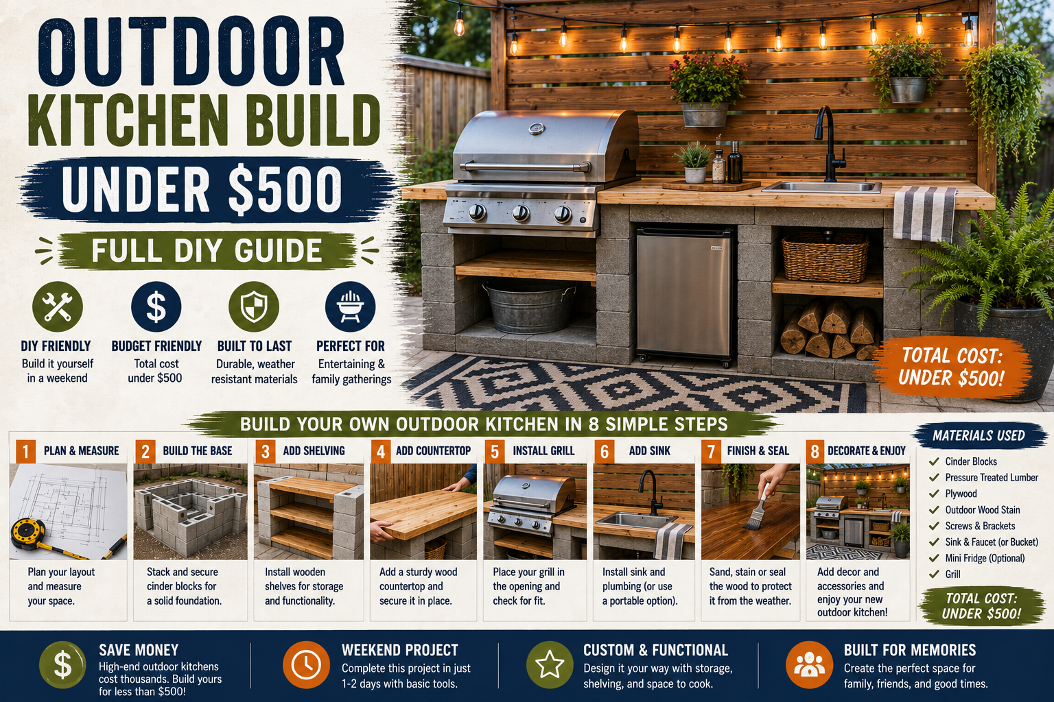 A completed outdoor kitchen build under $500 featuring a concrete block base, wooden countertop, and built-in grill on a backyard patio.