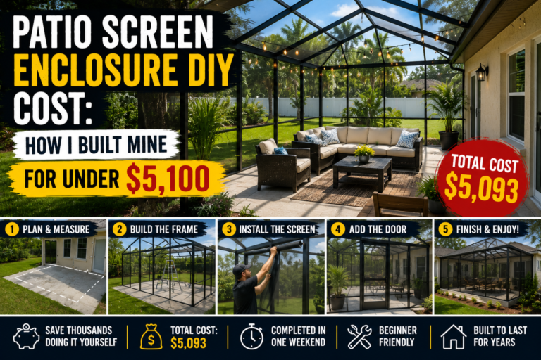 A finished DIY patio screen enclosure with aluminum framing and fiberglass mesh screening, showing the completed backyard project that kept the total patio screen enclosure DIY cost under budget.
