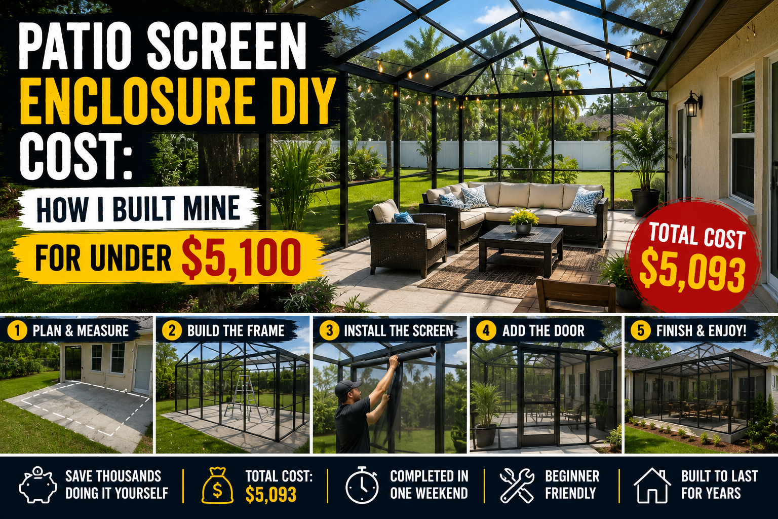 A finished DIY patio screen enclosure with aluminum framing and fiberglass mesh screening, showing the completed backyard project that kept the total patio screen enclosure DIY cost under budget.