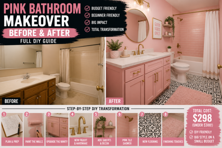 A stunning pink bathroom makeover before and after showing a dated rose-tiled space transformed into a chic, modern retreat with fresh white accents and updated fixtures.