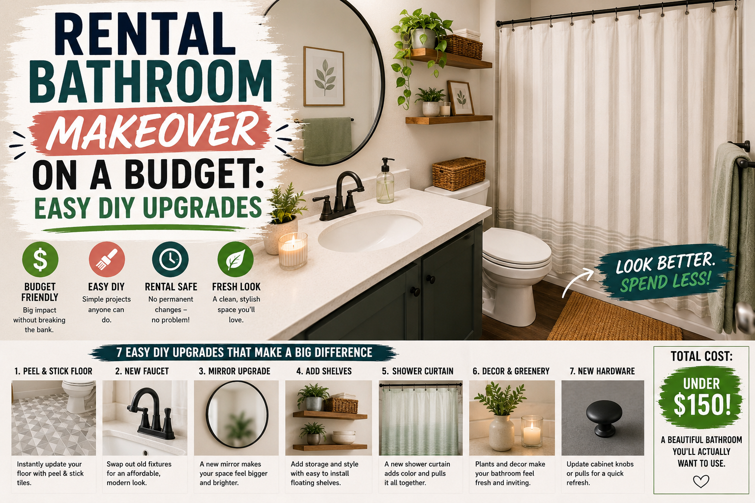 A bright, freshly updated rental bathroom makeover on a budget featuring peel-and-stick tiles, new fixtures, and decorative accents that add style without permanent changes.