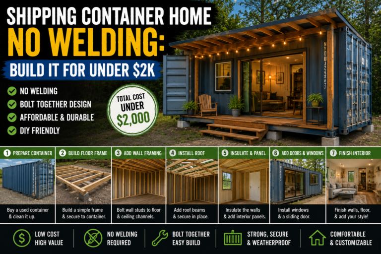 A finished shipping container home no welding construction with bolt-together connections and natural wood deck surroundings.