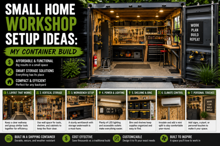 A converted shipping container transformed into a compact and organized small home workshop setup with pegboard tool storage, a workbench, and natural lighting.