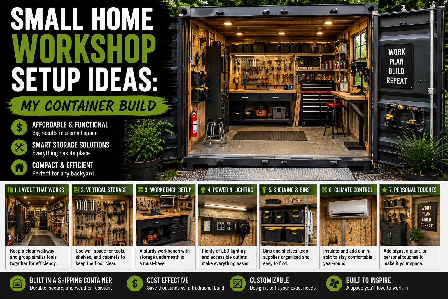 A converted shipping container transformed into a compact and organized small home workshop setup with pegboard tool storage, a workbench, and natural lighting.