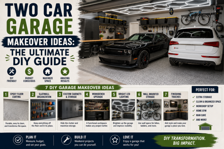 A transformed two car garage makeover featuring organized storage walls, epoxy flooring, and a dedicated workshop area.