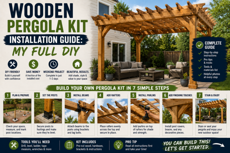 A homeowner following a wooden pergola kit installation guide while assembling a natural cedar pergola in a sunny backyard.